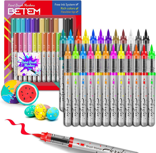 Betem Paint Markers Acrylic Paint Pens, 24 Colors Brush Tip Water Based Markers with Direct Ink System, Permanent Marker Colored Pens, Art Supplies for Rock Painting, Wood, Fabric, DIY Crafts Gift