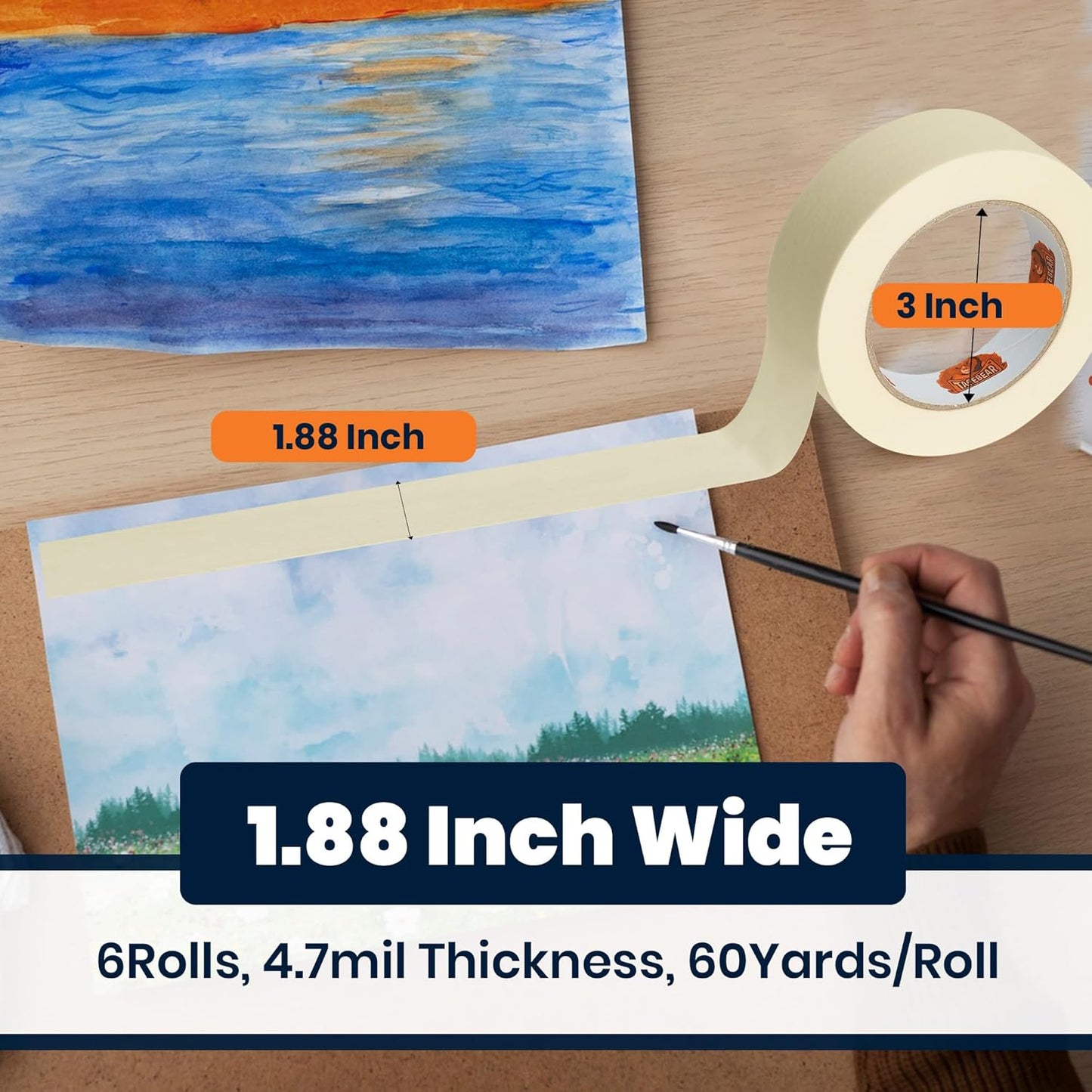 TAPEBEAR General Purpose Masking Tape 1.88 Inches x 60 Yards, Beige White Painters Tape for Painting, Labeling, DIY Arts Crafts, Home Office School Projects, 6 Rolls