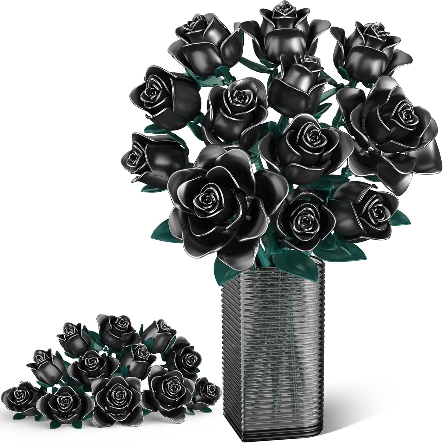 Black Roses Bouquet Building Set, 634Pcs Artificial Rose with 3 Blooming Stages, DIY Floral Home Office Decor for Adults & Kids Ages 6+, Gift for Birthday Valentine's Day Halloween Christmas