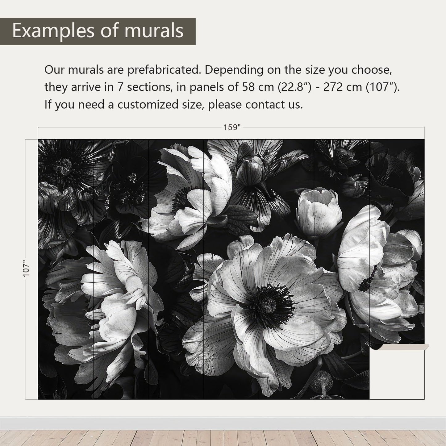 AFZEVEB-Black Peony Floral Wallpaper Vintage Large Flower Wall murals for Bedroom 159"x107"(Not Peel and Stick)