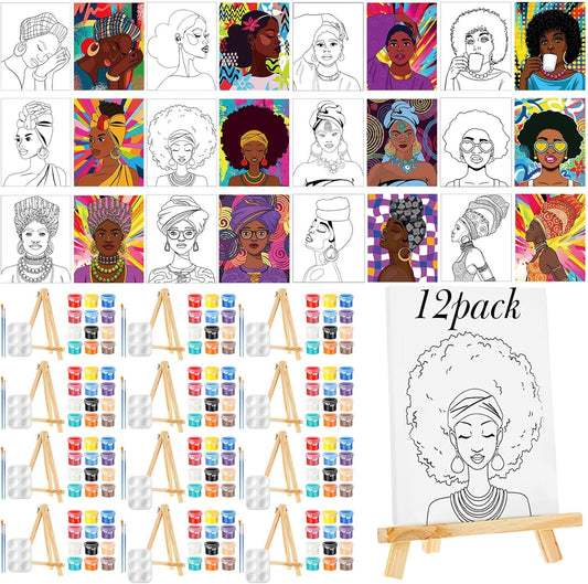 Zhanmai 12 Pack Pre Drawn Canvas for Painting Sip and Paint Kit 8" x 10" Paint Party Set Canvas Painting Pre Printed Canvases for Party Favor DIY Virtual Adult's Date Night(Afro Queen)