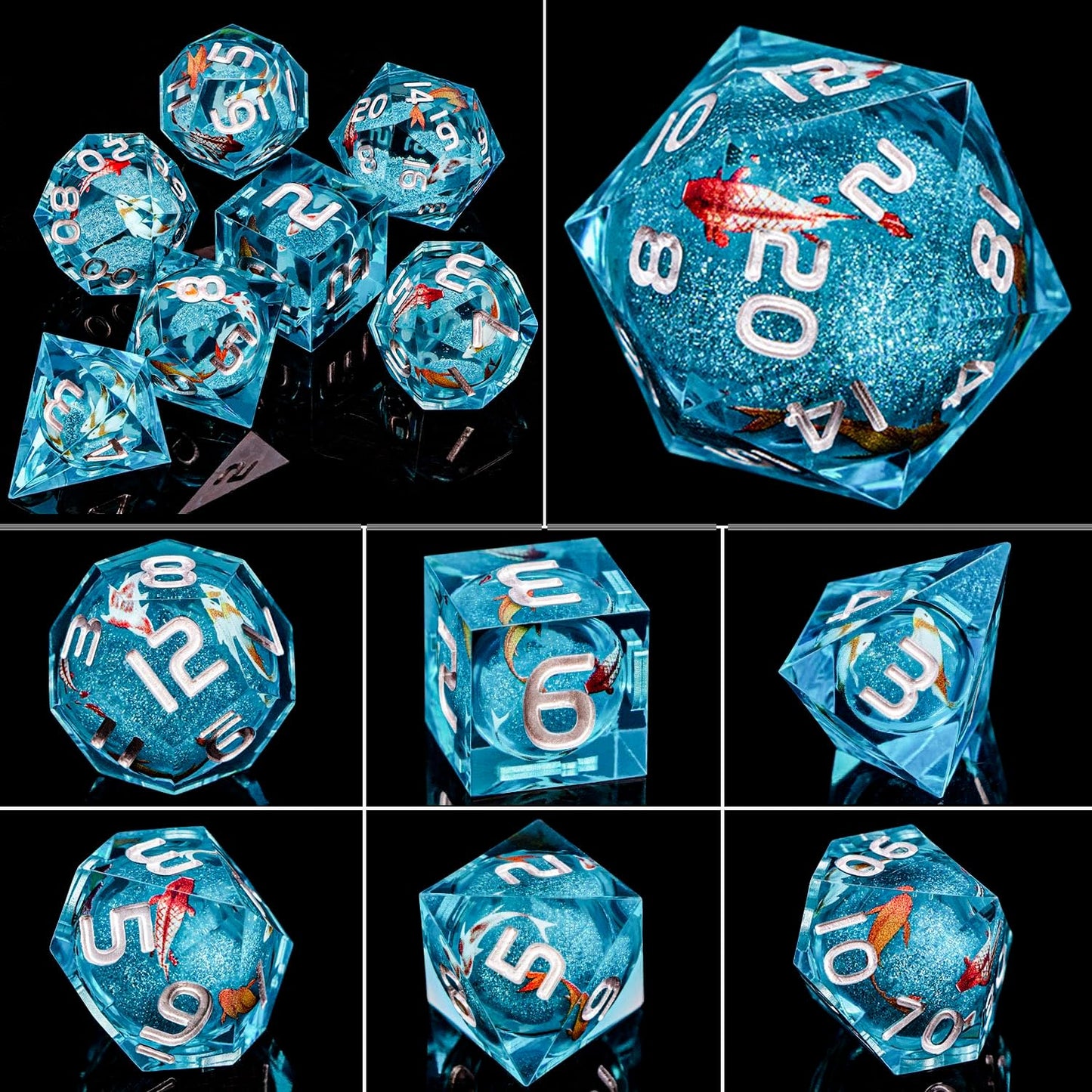 ARUOHHA Liquid Core DND Dice Set, 7pcs Resin Blue Sharp Edged Dragons Dice Compatible with D&D Role Playing Games, Handmade RPG Koi Fish Dungeons Polyhedral Dice Set D20 D12 D10 D8 D6 D4