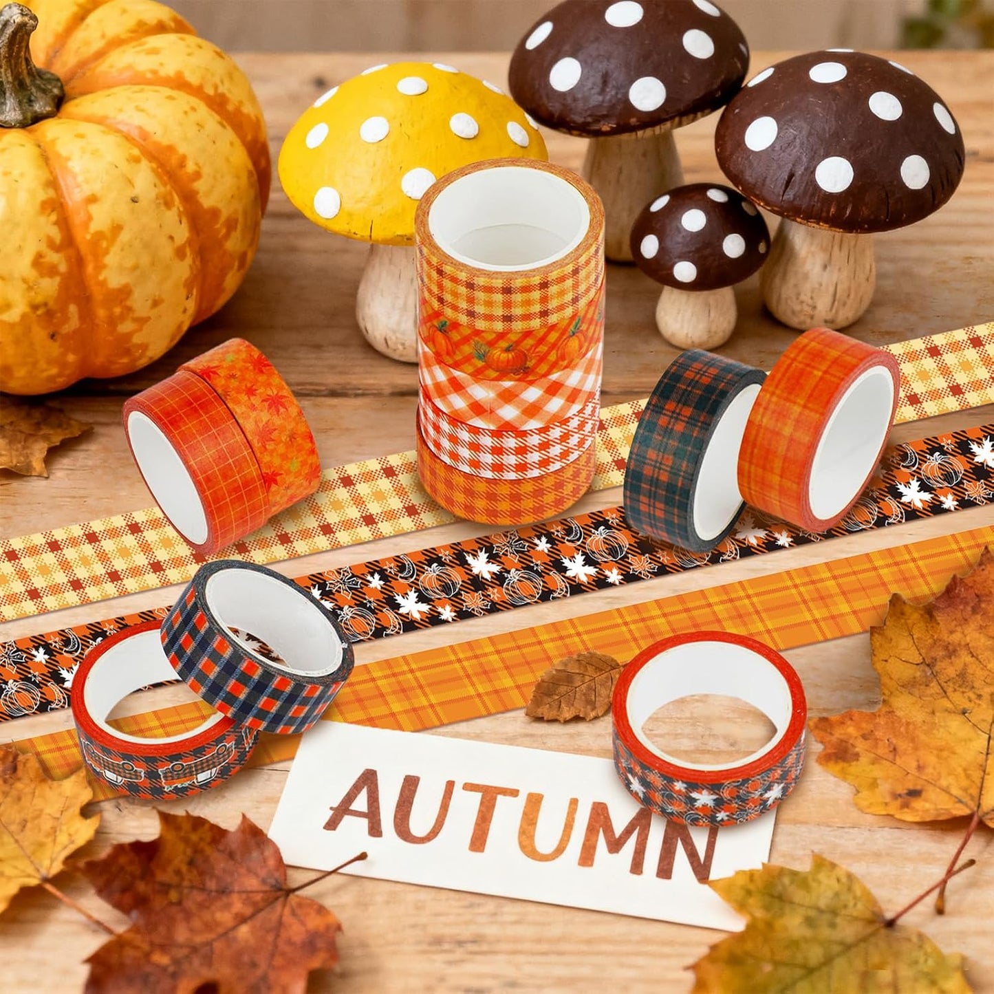 12 Rolls Autumn Washi Tape Set - Thanksgiving Theme Grid Pumpkin Maple Fall Decorative Tape for Bullet Journal, Scrapbooking, Planner, DIY Wrapping Crafts 16.4FT