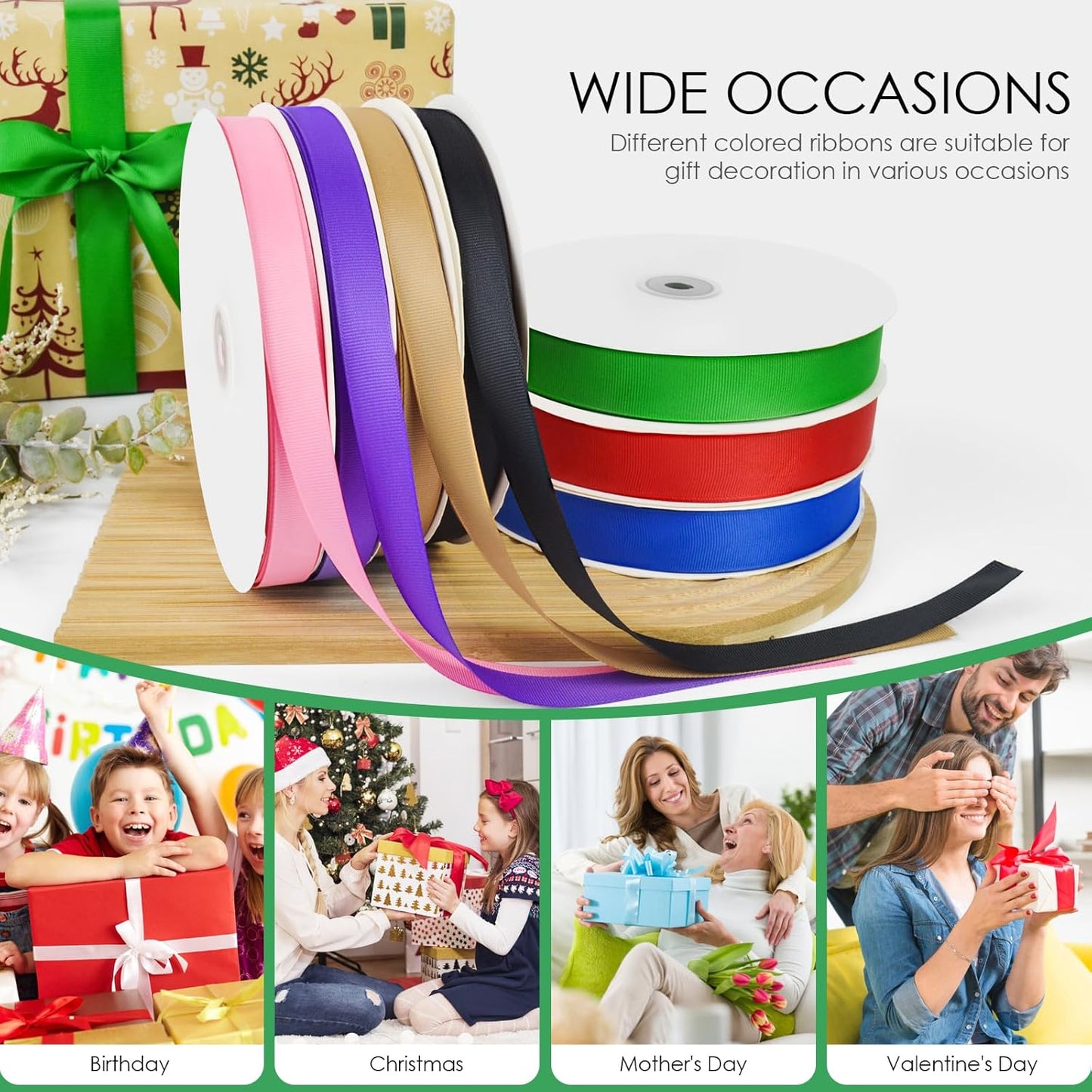 100 Yards 3/8 inch Grosgrain Ribbon, Solid Color Fabric Ribbon Perfect for Gift Wrapping, Wedding, Handmade Bows, Floral Bouquets and Party Decoration(Green)