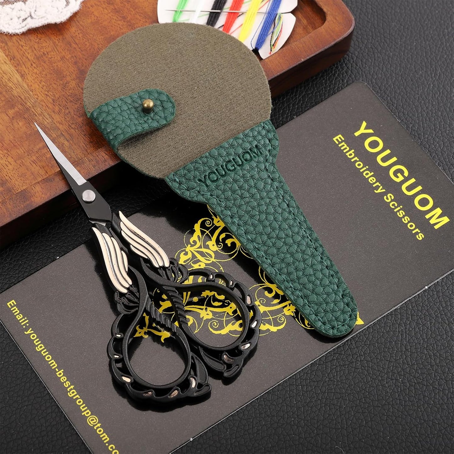 Embroidery Scissor with Case, Yarn Scissors for Sewing Craft Cross Stitch Crochet, Detail Shears Threading Snips Vintage Golden Black