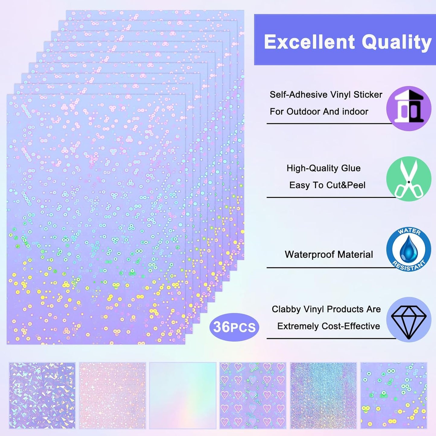 Clabby 36 Sheets Holographic Sticker Paper A4 Vinyl Sticker Paper Self Adhesive Waterproof Transparent Film, 11.7 x 8.3 inches(Gem, Dot, Colorful, Star, Heart, Sand Star)