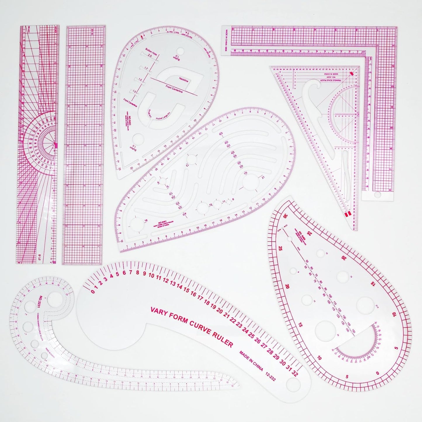Fashion Clear Metric Sewing Ruler Set,French Curve Pattern Rulers for Beginners, Tailors, Designers, Quilting, Embroidery, Cross Stitch, Crochet, Knitting 9pcs