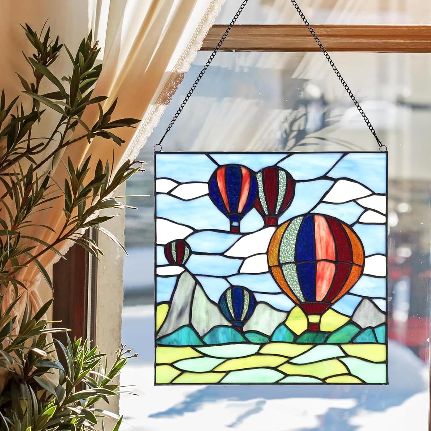 PA0002 Stained Glass Hanging Panel-12 Wx12 H Window Suncatcher Window Décor Tiffany Style Wall Décor Hanging Art,Hot Air Balloons.