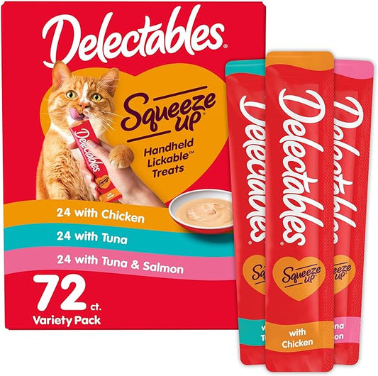 Hartz Delectables Squeeze Up Variety Pack, Creamy Squeezable Puree, Lickable Wet Cat Treats, Grain Free, No Added Fillers, No by-Products, No Added Preservatives, 0.5 Ounces Tube, 72 Tubes Total