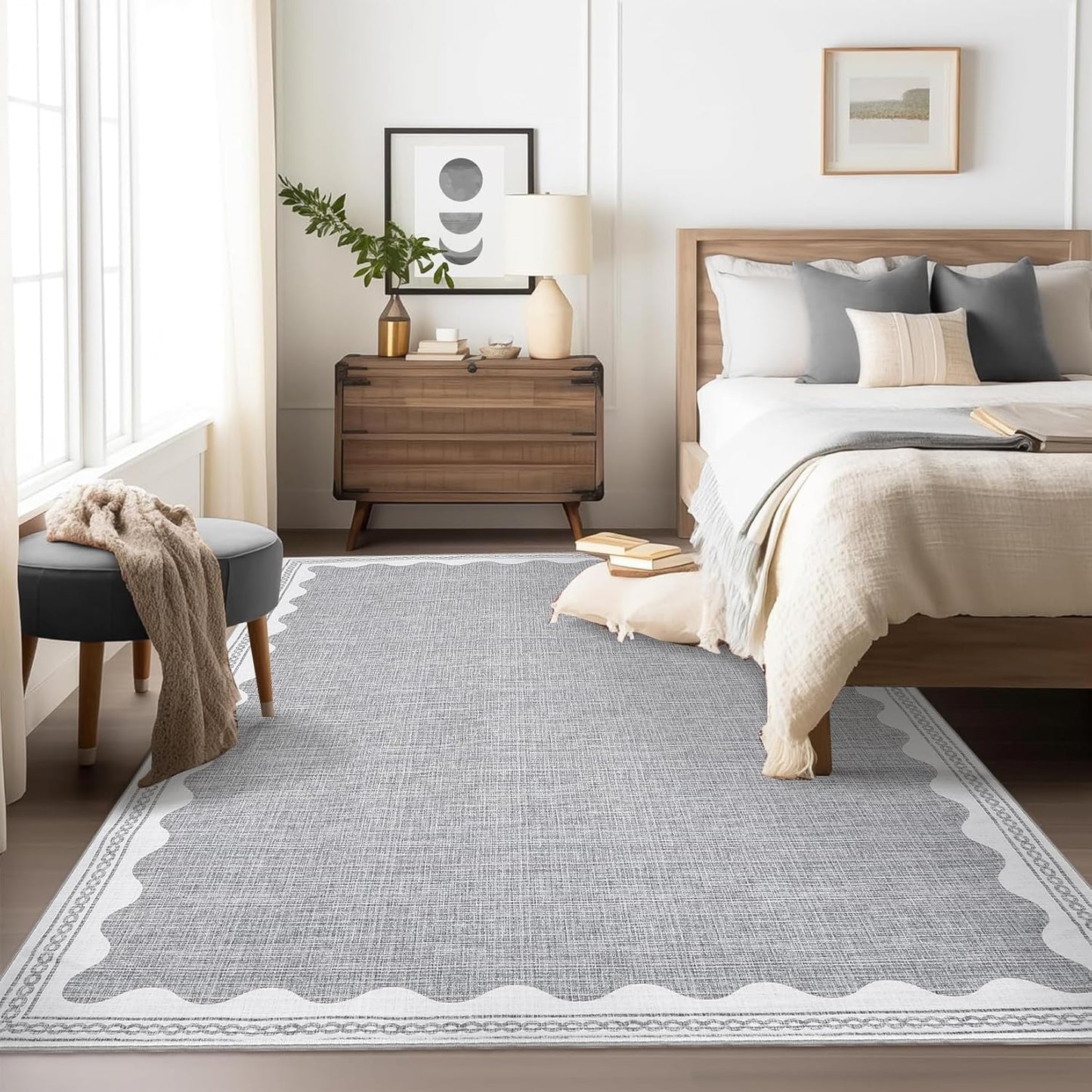 Scalloped Washable Rug 5x7 Area Rugs for Living Room, Solid Grey Rug for Bedroom Girls, Non Slip Scalloped Rug Throw Rugs with Rubber Back, Soft Dorm Nursery Low Pile Carpet for Dining Room