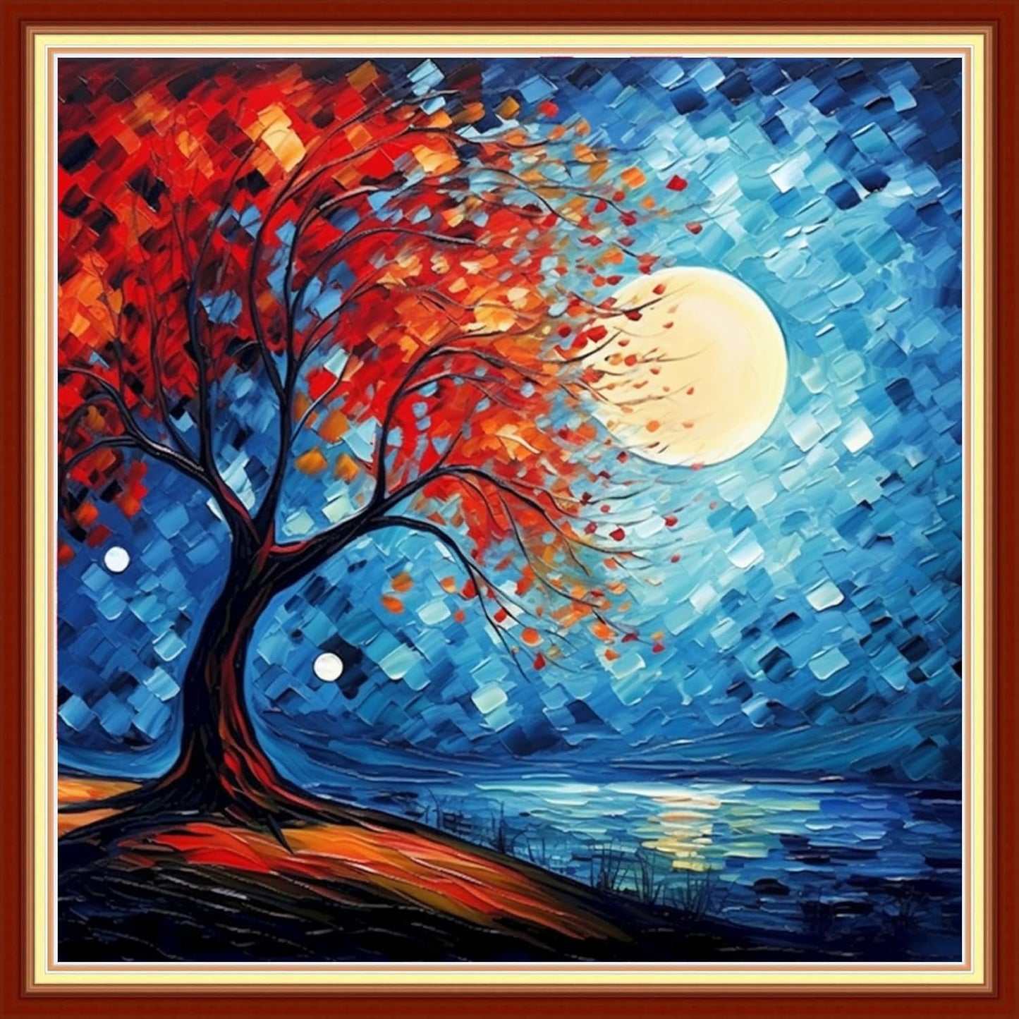 Foxdiviy Stamped Cross Stitch Kits for Beginners Full Range of Cross Stitching 11 CT Printed Cross Stitch Kits for Kids Adults Cross Stitch Patterns Needlepoint Kits-Colorful Trees Moon 18x18 inch
