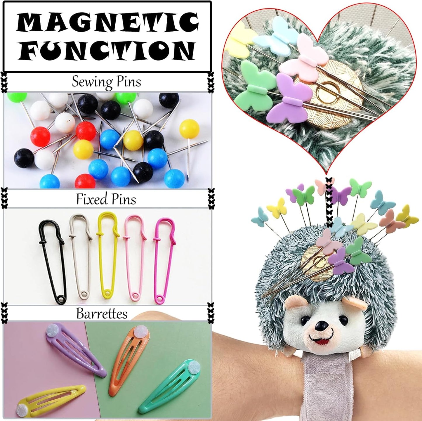 Cute Hedgehog Wrist Pin Cushion for Sewing with Magnetic, Snap Bracelet Wrist Bands for Pins and Needles Include 50 Lovely Butterfly Straight Pins.