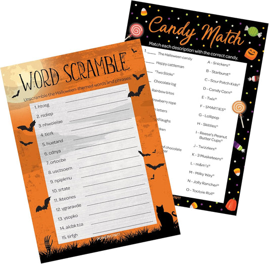 DISTINCTIVS Halloween Party Games – Word Scramble and Candy Match 2 Game Bundle, 25 Dual-Sided Cards for Kids, Adults, Classrooms, and Fall Events