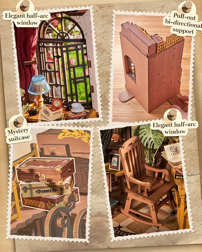 Rolife DIY Book Nook Kits for Adults, Miniature Dollhouse Booknook Kit, 3D Wooden Puzzle Creative Decorative Bookends Bookshelf Diorama Insert Crafts Hobbies Gifts (Silent Corner Study)