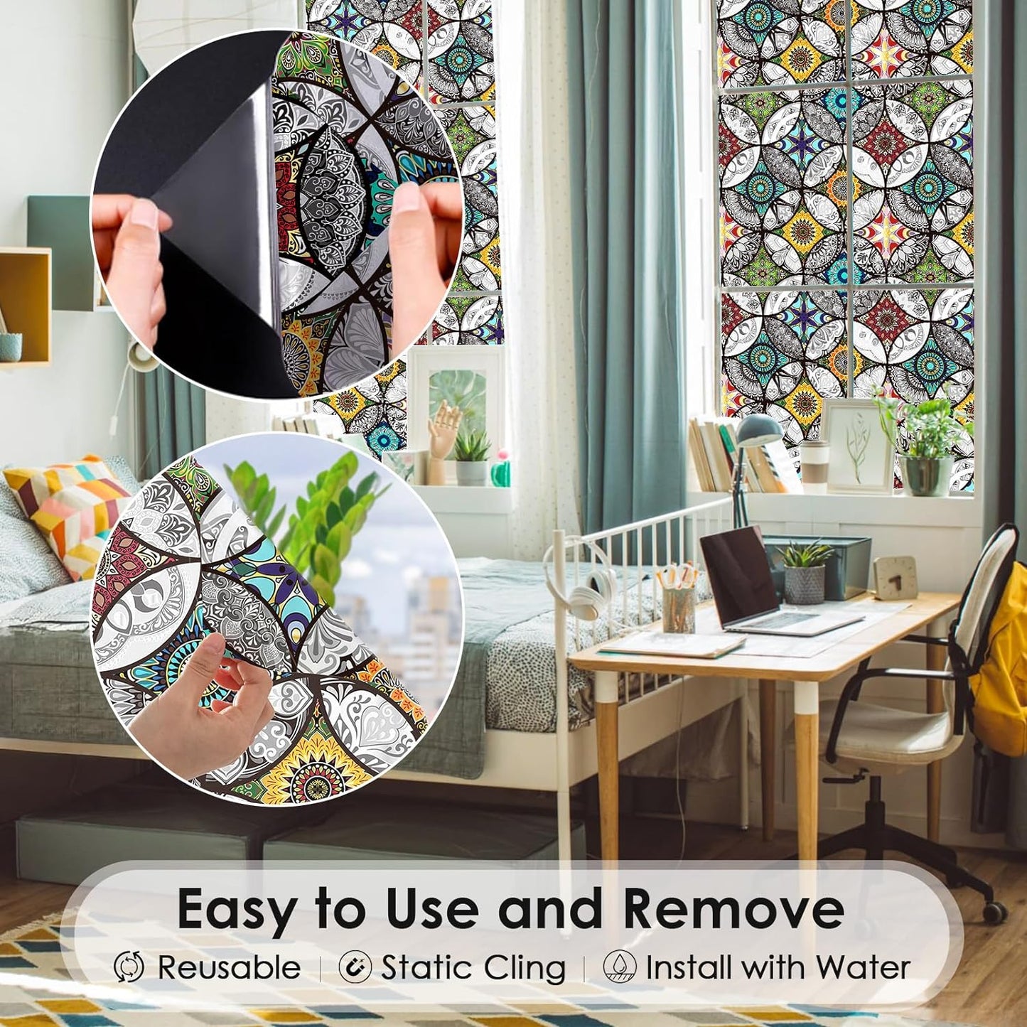 DKTIE Boho Chic Window Privacy Film with Installation Tools - Soften Light, Reduce UV Rays, Decorative Stained Glass Window Tinting Film for Home, Window Clings, 17.7 x 118.1 Inch