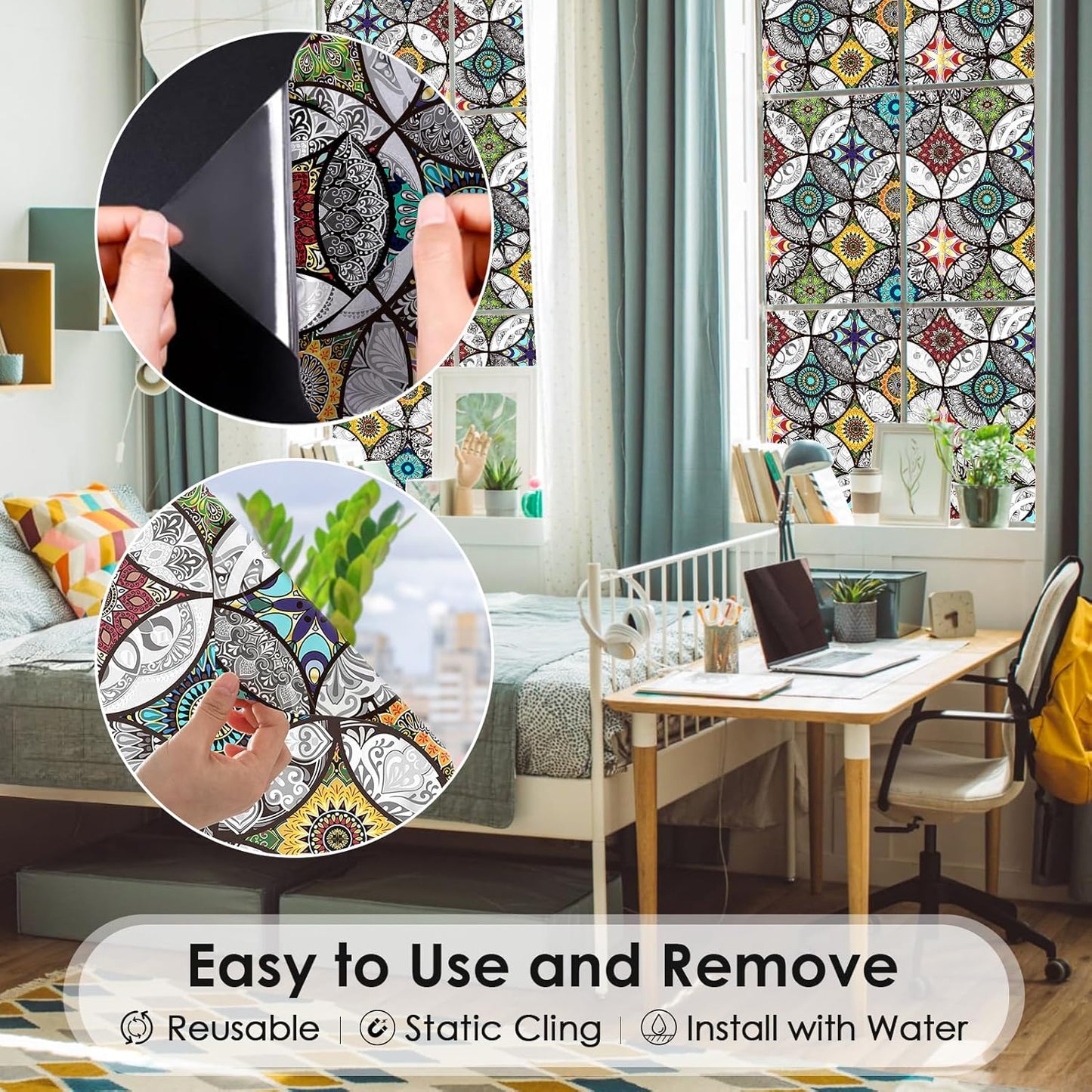 DKTIE Boho Chic Window Privacy Film with Installation Tools - Soften Light, Reduce UV Rays, Decorative Stained Glass Window Tinting Film for Home, 17.7 x 78.7 Inch