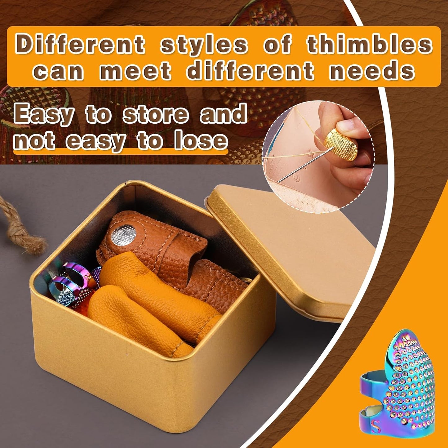 Ftyiwu Sewing Thimble, Hand Sewing Thimble with Storage Box, Adjustable Metal Sewing Thimble, Leather Finger Protector, DIY Hand Sewing Tool Accessories