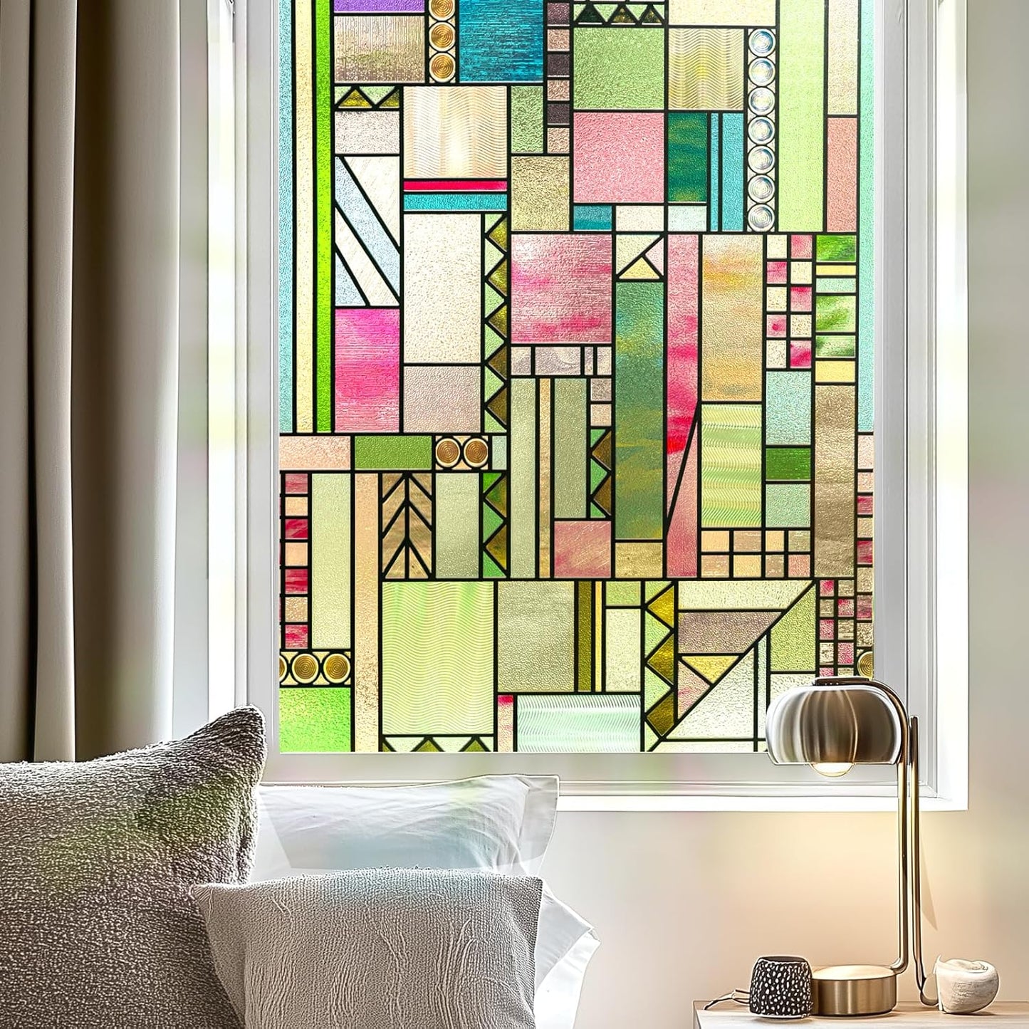 3D Stained Glass Window Privacy Film, Heat Control UV Blocking Static Cling Decorative Window Film for Bathroom,Front Door,Home Non Adhesive 35.4 x 78.7 inches Colorful Abstraction