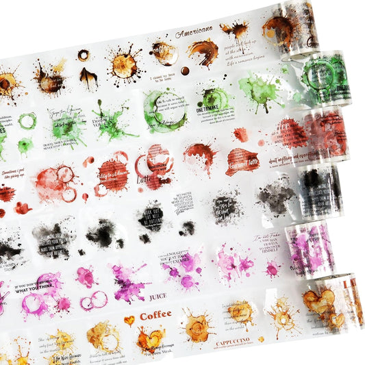 Memories of Coffee PET Tape Set, 6 Rolls Vintage Coffee Stain Stickers with Clip for Scrapbooking, Journaling, DIY and Crafts Supplies