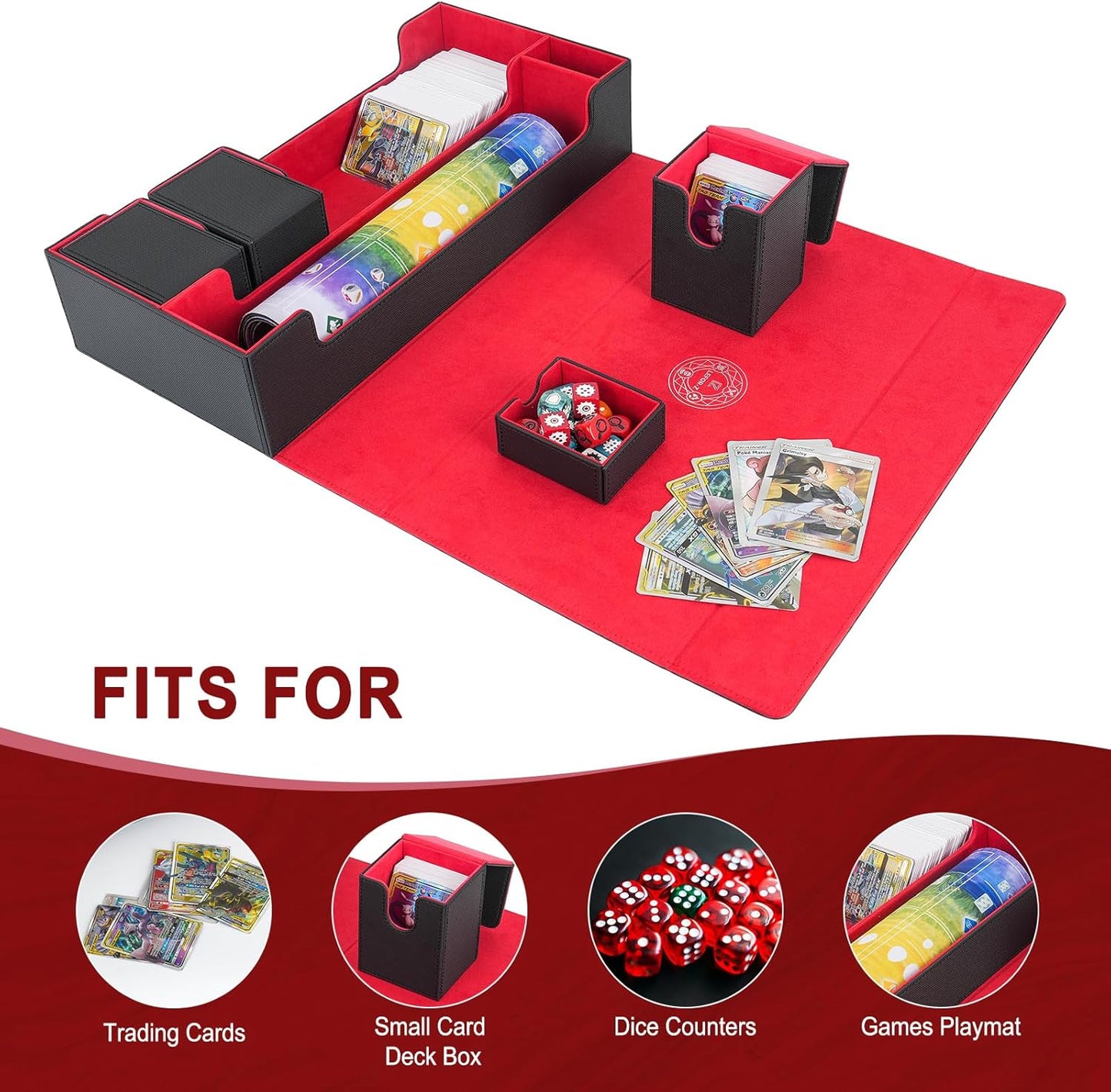 Card Deck Box,X-Large Premium Trading Card Storage Case with Mat and Dice Compartment,Magnetic Game Deck Display Case Compatible with MTG/TCG/Yugioh/Magic/Commander(Black＆Red)