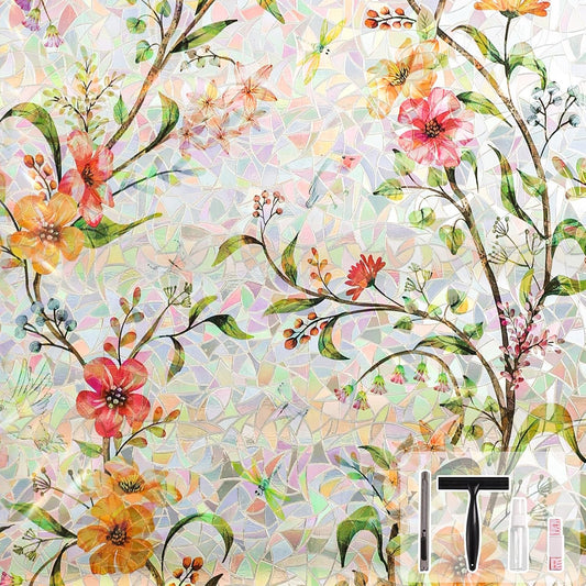 NINETREX Window Privacy Film,Stained Glass Window Film,Rainbow Decorative Stickers Static Cling Anti UV Heat Control for Home Decor (Galsang Flower,23.6 x 78.7inch)