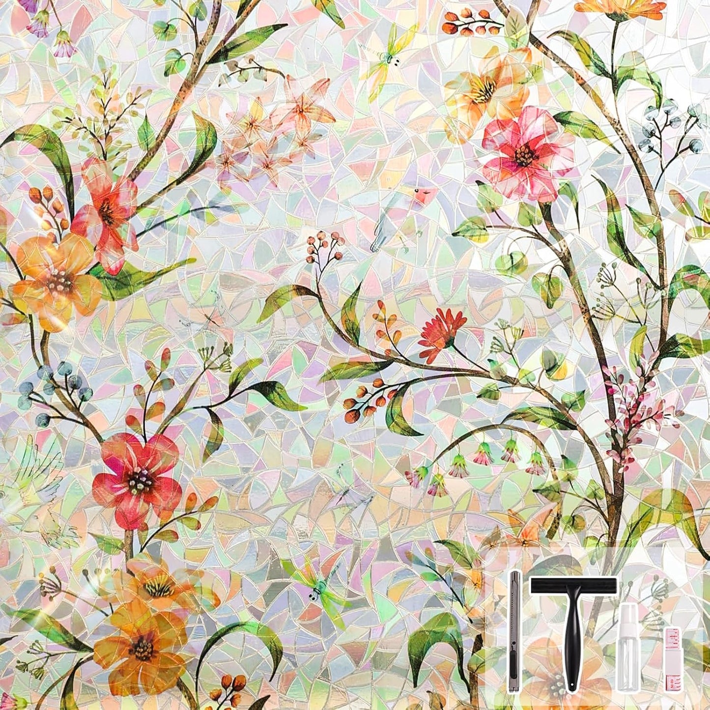 NINETREX Window Privacy Film,Stained Glass Window Film,Rainbow Decorative Stickers Static Cling Anti UV Heat Control for Home Decor (Galsang Flower,23.6 x 157.4inch)