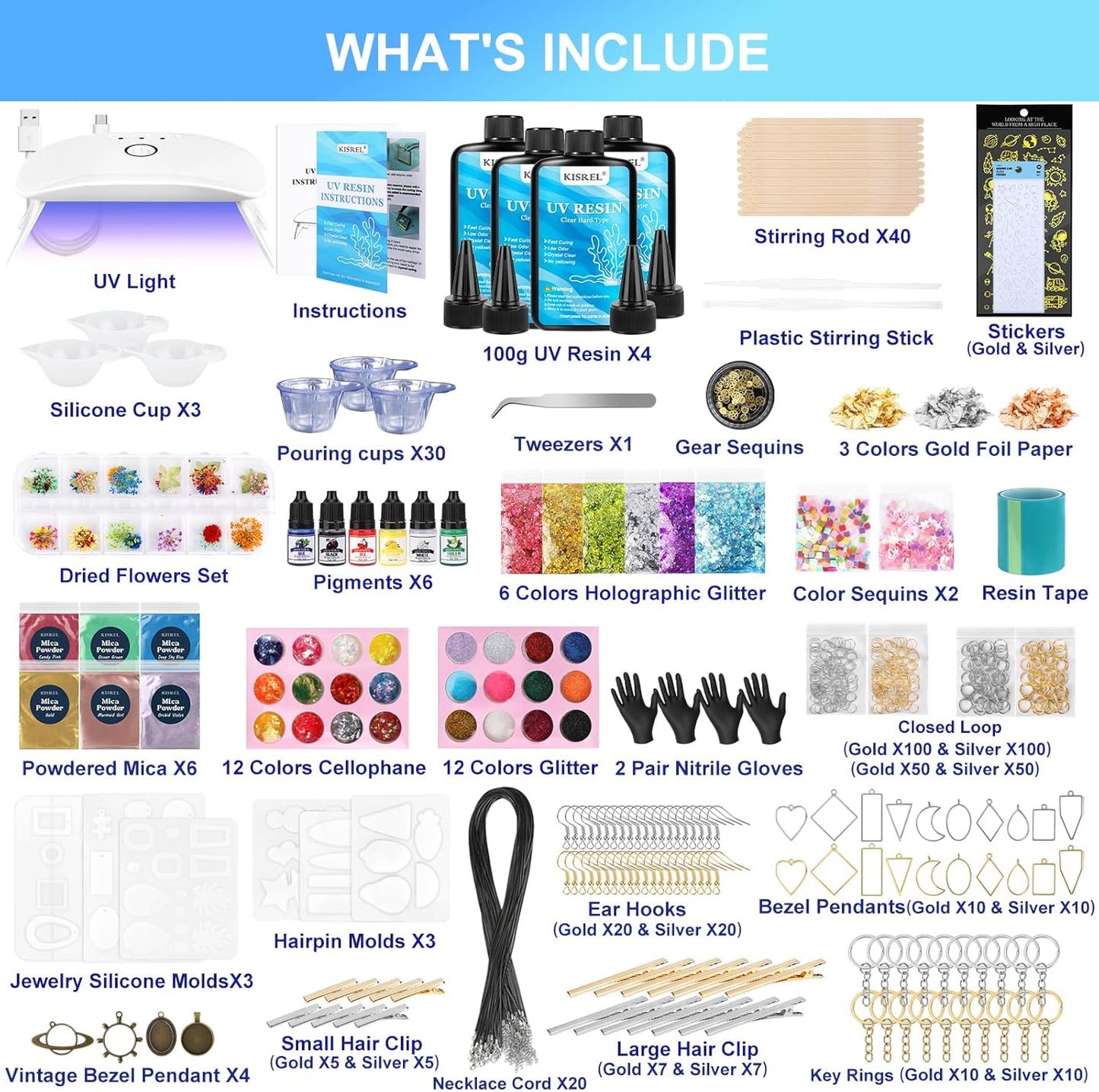 UV Resin Jewelry Making Kit, 400g Crystal Clear Resins with Light and Molds, DIY Jewelry Making Resin Kits, Resina Starter Kit for Keychain, Hair Clip and Earring