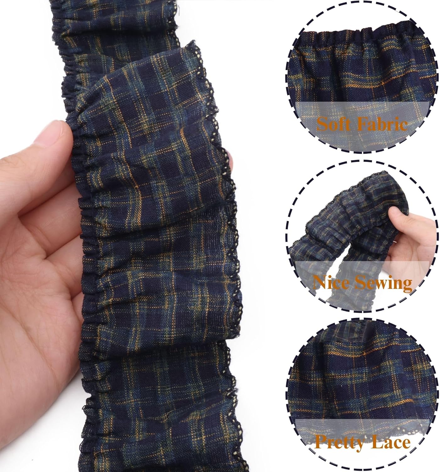 Gingham Ruffle Lace Trim Pleated Lace 5 Yards Gathered Gingham Fabric Edge Ribbon Trim for Dresses, Wedding Gowns, Crafts, Home Decor (Black)