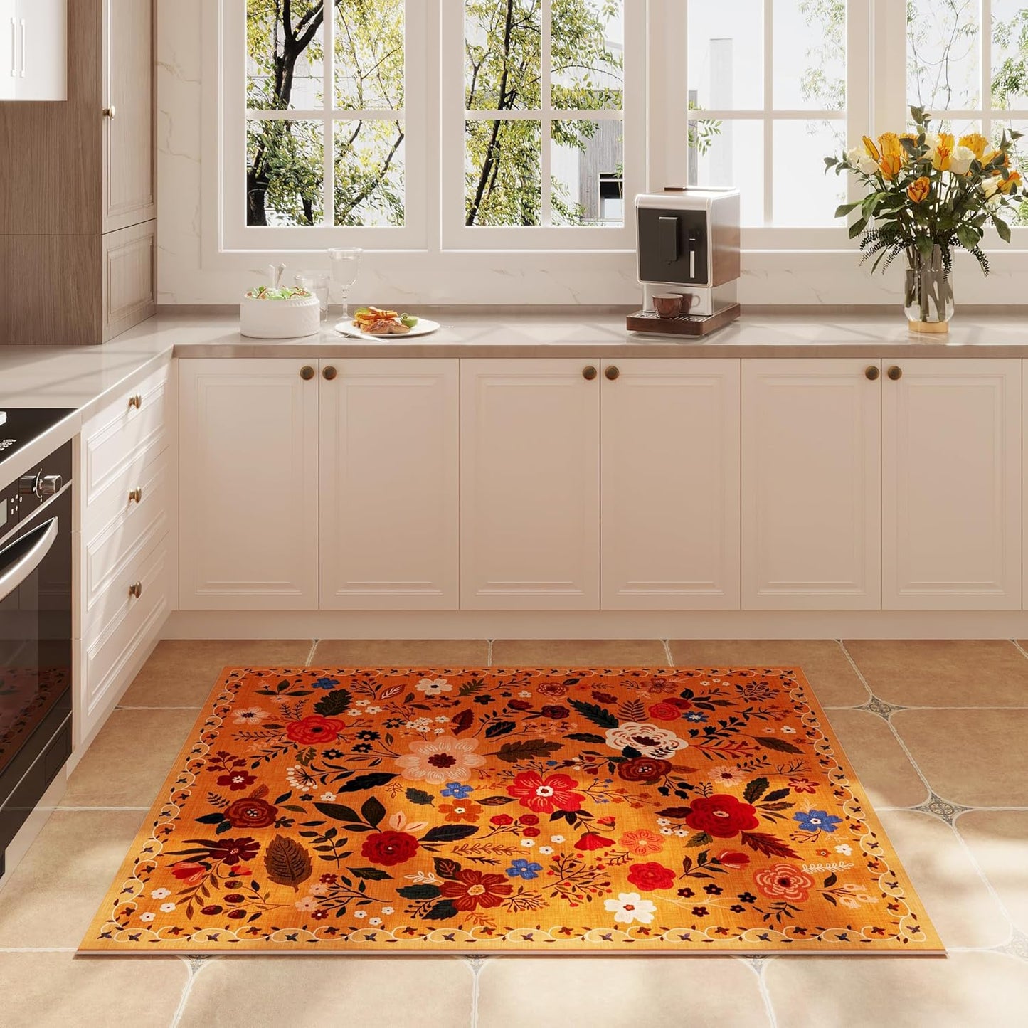 Rugcomf Door Mat Indoor Entrance 2x3 Rug Machine Washable Boho Floral Small Area Rug Non-Slip Low Pile Throw Rugs for Entryway, Kitchen, Front Door Indoor Entrance, Entry, Kids Room (Yellow)