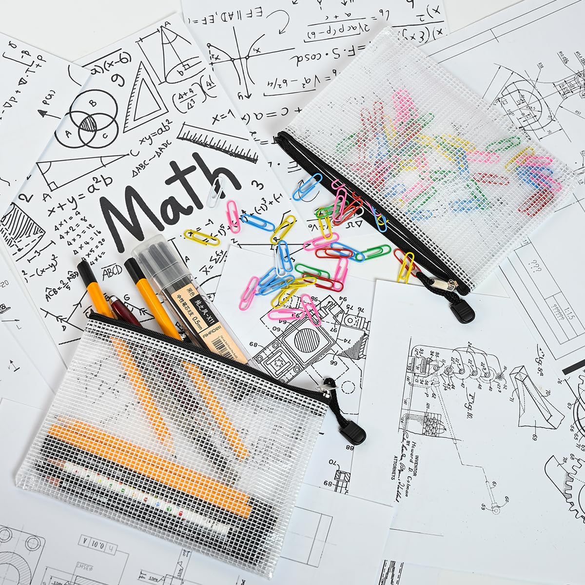 AUSTARK 20 Pcs Zipper File Bags, Plastic Mesh Pouch, Board Game Storage, Waterproof Bags for Office School (B6 Size 7.6''x5.3'', White and Black)