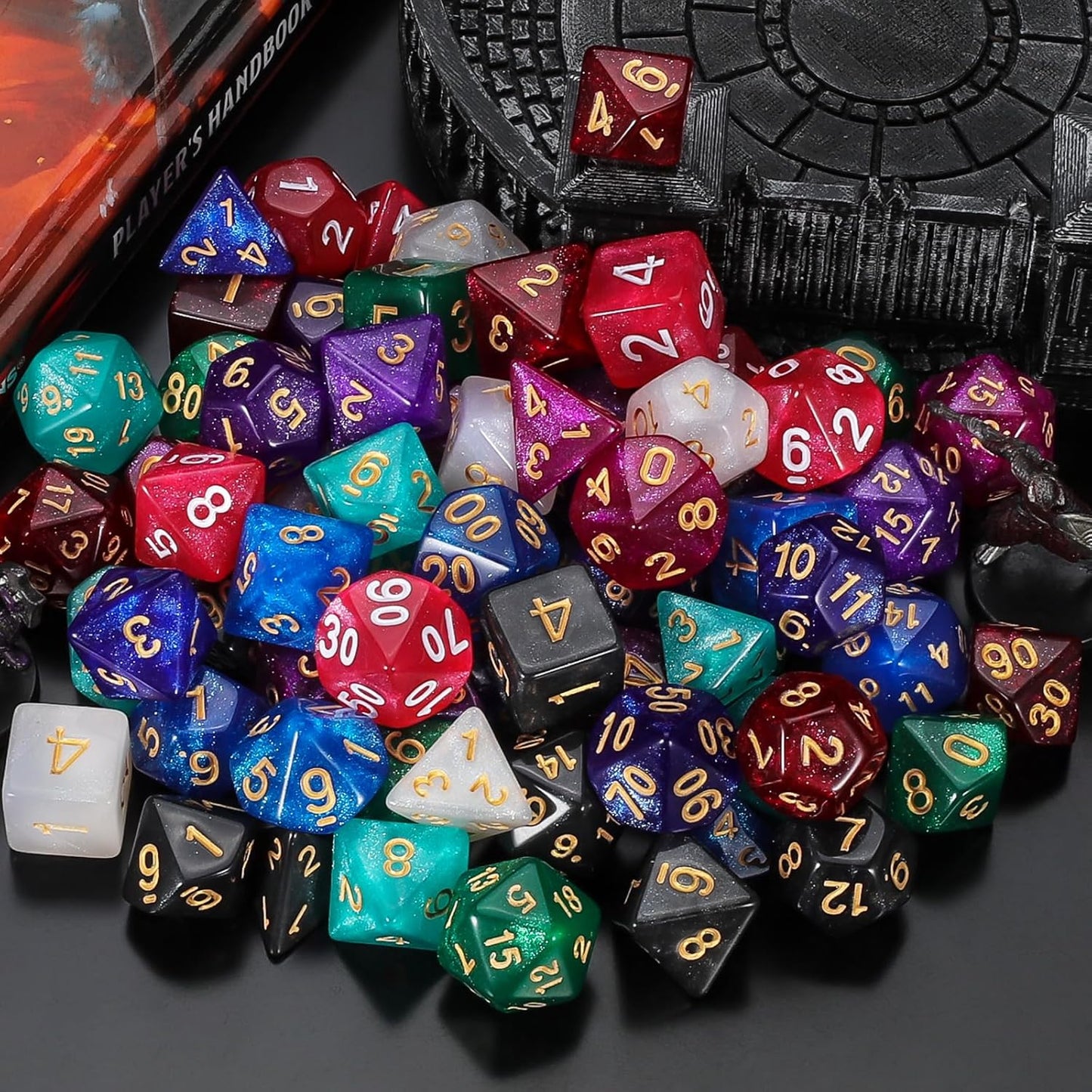 QMay DND Dice Set 10x7 (70 Pieces) Polyhedral Dice for Dungeons and Dragons D&D RPG MTG Role Playing Games with 1 Drawstring Bag