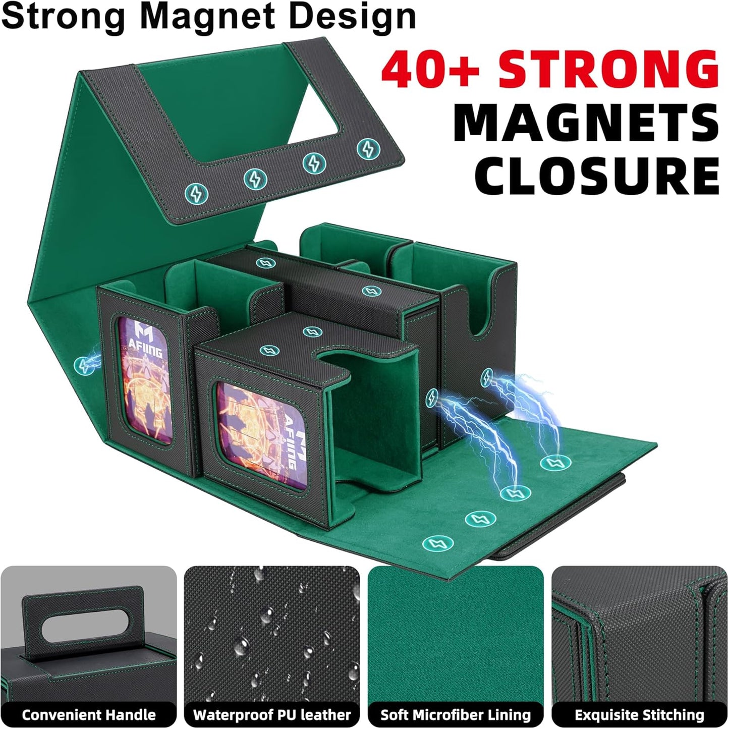 AFIING Commander Deck Box for MTG/EDH, Fits 400+ Double-Sleeved Cards, with Display Window, 4 Removable Deck Cases, Dividers, Dice Tray & Handle, Card Holders for TCG (Black Green)