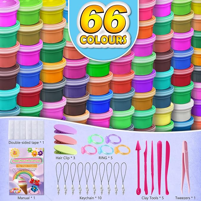 ESSENSON Air Dry Clay Kit, 66 Colors Modeling Magic Clay DIY Jewelry Making, Crafts School Projects, Ideal Party Favors Craft Gift for Kids