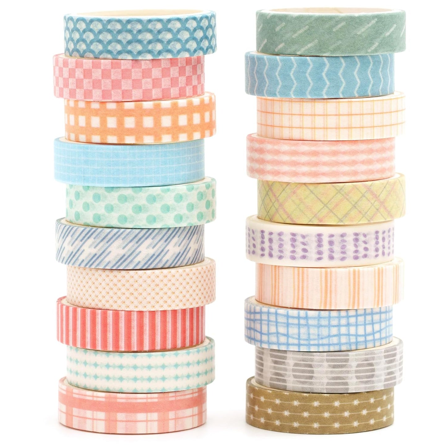 20 Rolls Basic Washi Tape Set Japanese Arts Adhesive Tapes Simple Patterns Decorative Masking Tape Sets for Craft, Kids, Scrapbook, DIY, Gift Wrapping (Style One)