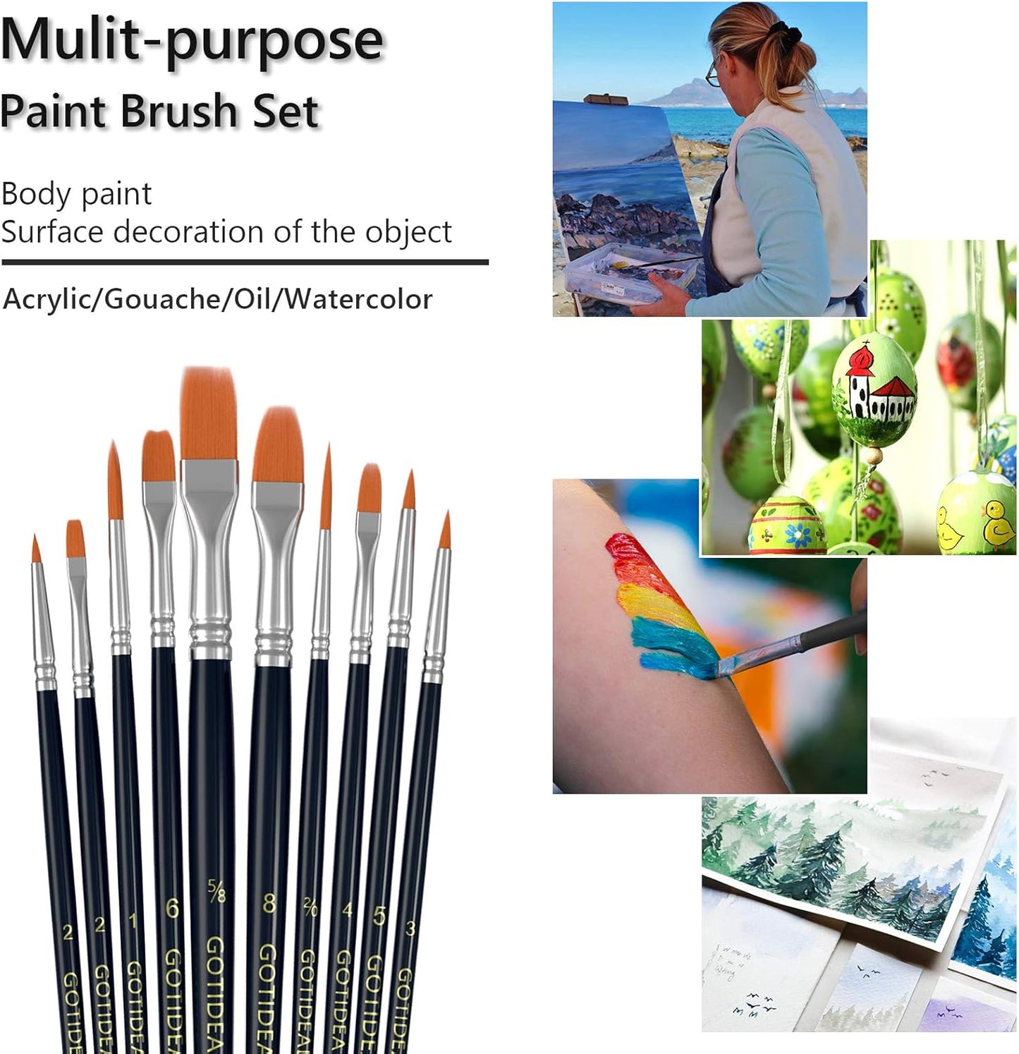 GOTIDEAL Paint Brush Set, 10 Pcs Round Pointed Tip, Small Nylon Hair Brushes for Acrylic, Oil and Gouache，Body, Face Nail Art and Rock Painting, Perfect for Kids & Adult