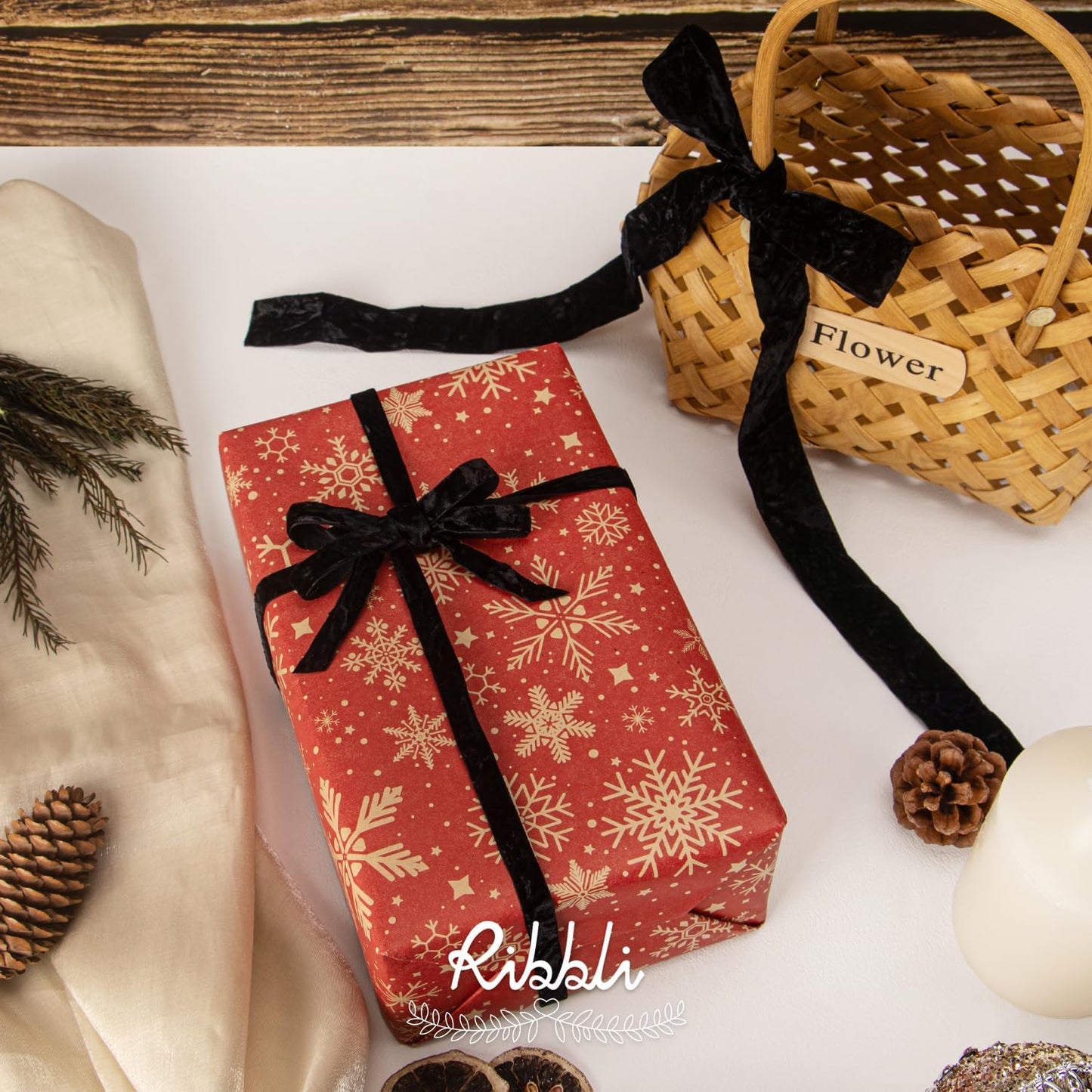 Ribbli Black Velvet Ribbon 3/8 Inches Luxury Crinkled Black Christmas Ribbon for Gift Wrapping Crafts Home Decor-Continuous 10 Yard