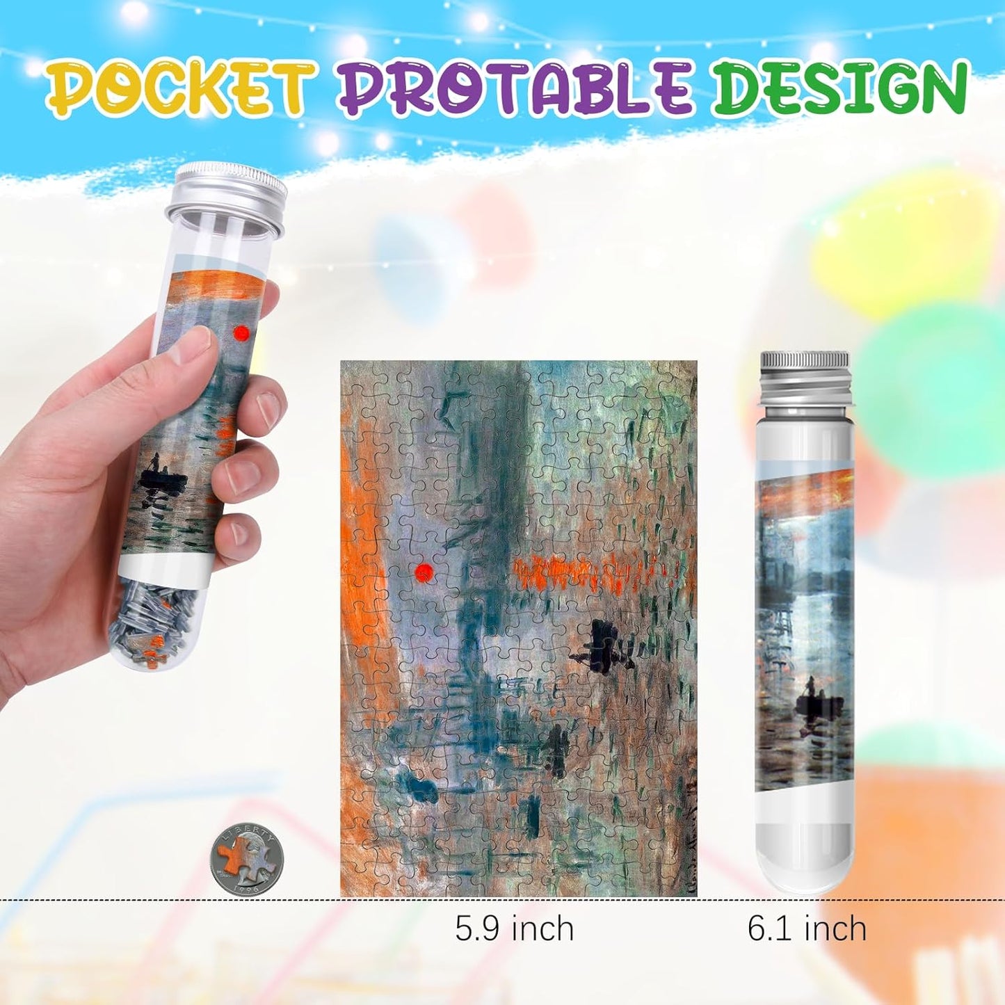 150 Pieces Mini Jigsaw Puzzle for Adults & Kids - 6" x 4" Small Capsule Tube Intelligent Game - Impression Sunrise, Fritillaries in a Copper Vase, Cafe Terrace at Night 3 Pack