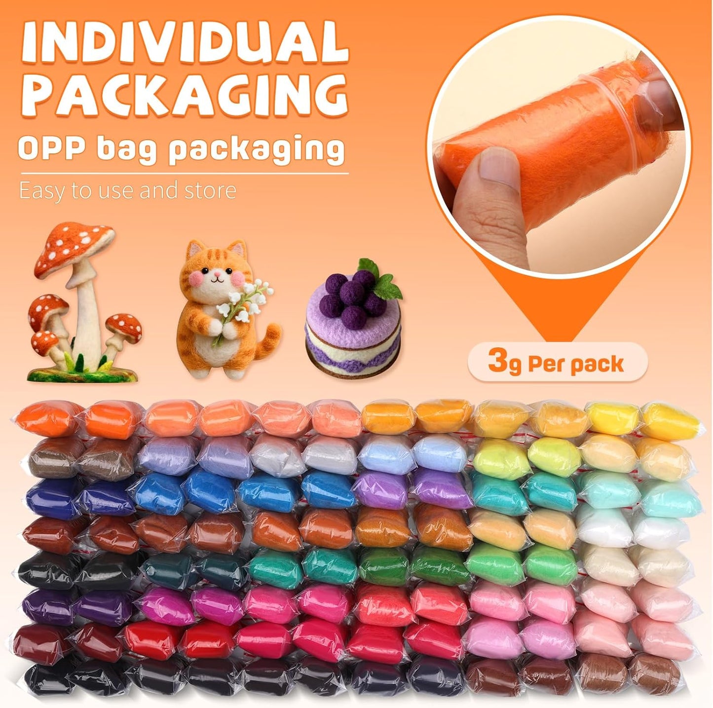 Mayboos 96 Pcs Needle Felting Wool, 48 Colors Wool Roving Yarn, Fiber Wool Roving for DIY Hand Spinning Needle Felting Wool Craft 3g/Pack