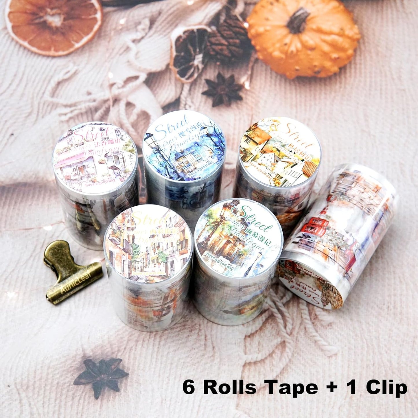 Street Corner PET Tape Set, 6 Rolls Pre-Cut Vintage Cityscape Stickers for Journaling, Scrapbooking, DIY Crafts, Art Supplies