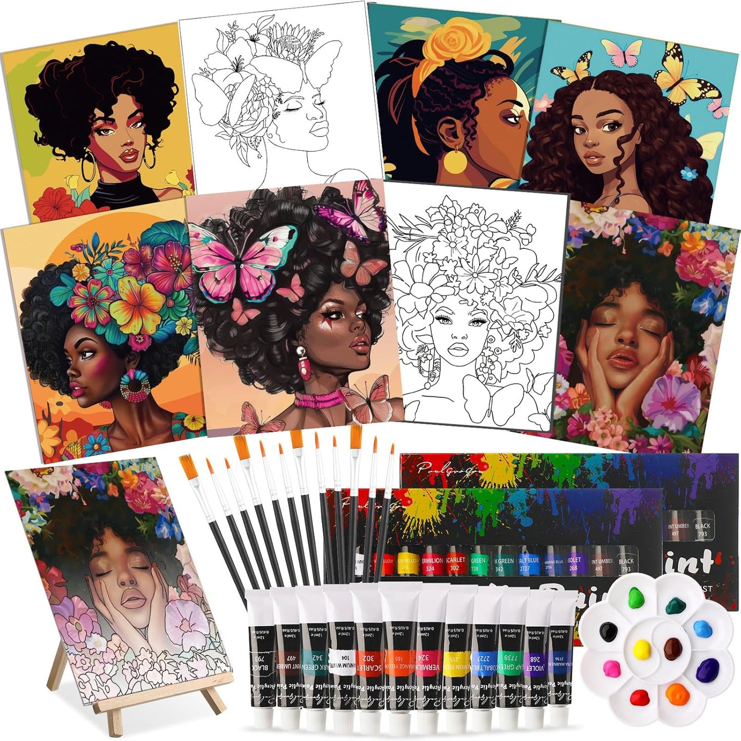 Cholemy 36 Pcs Paint and Sip Kit for Adults 8''x10'' Pre Drawn Canvas for Painting DIY Afro Acrylic Painting Kit Wood Easel Brushes Date Night Bulk for Christmas Party Gifts(Flowers Woman)