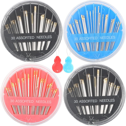 Eketirry 120pcs Premium Hand Sewing Needles，4 Pack 30-Count Assorted Needles for Sewing Repair, 6 Different Sizes Sewing Needles with 2 Threaders (Blue& Black& Pink)