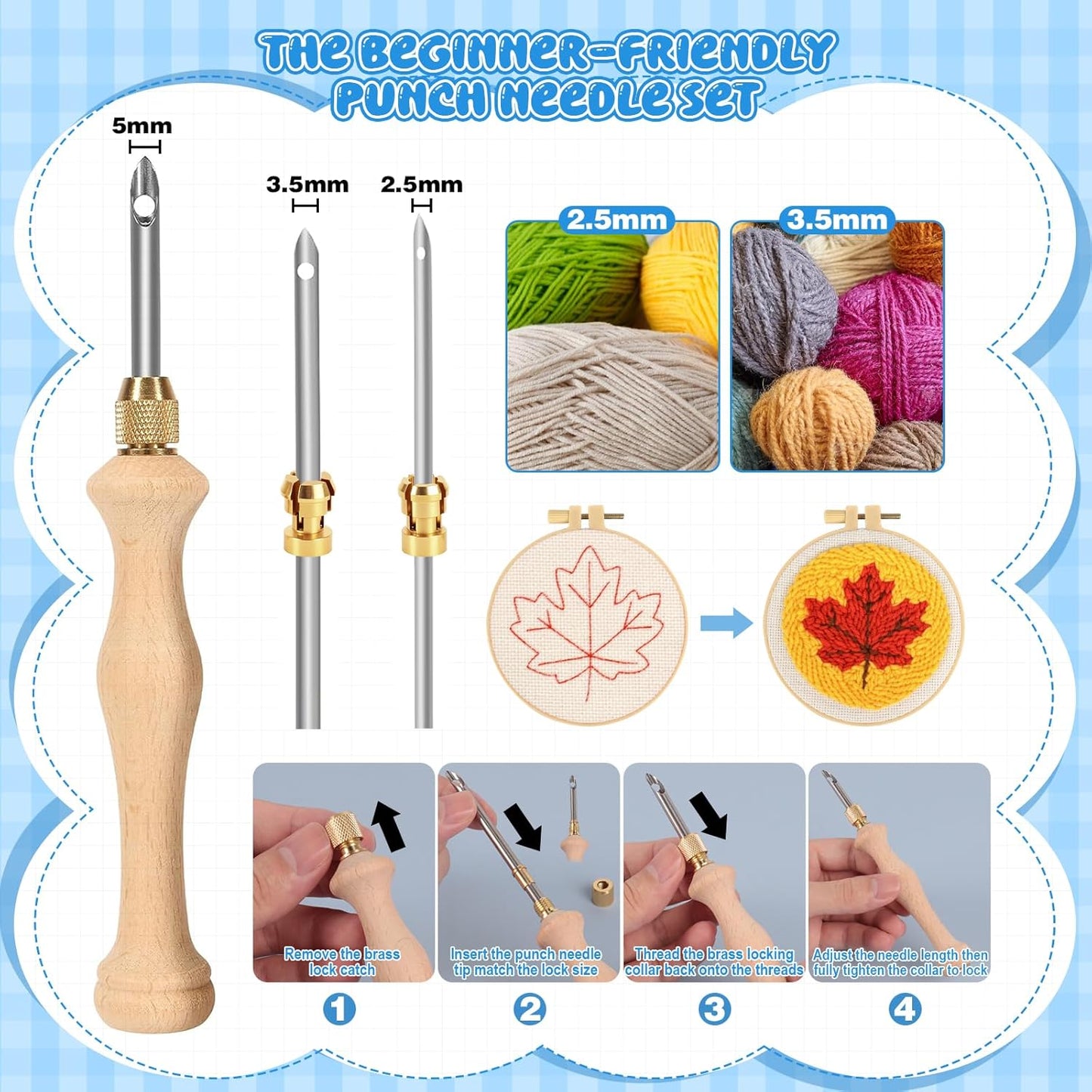 35Pcs Punch Needle Kit Adult Beginner, Adjustable Punch Needle Tool with Different Size Needles & Storage Case, Wooden Handle Embroidery Pen Set for Decoration, Gifts & DIY Craft Project