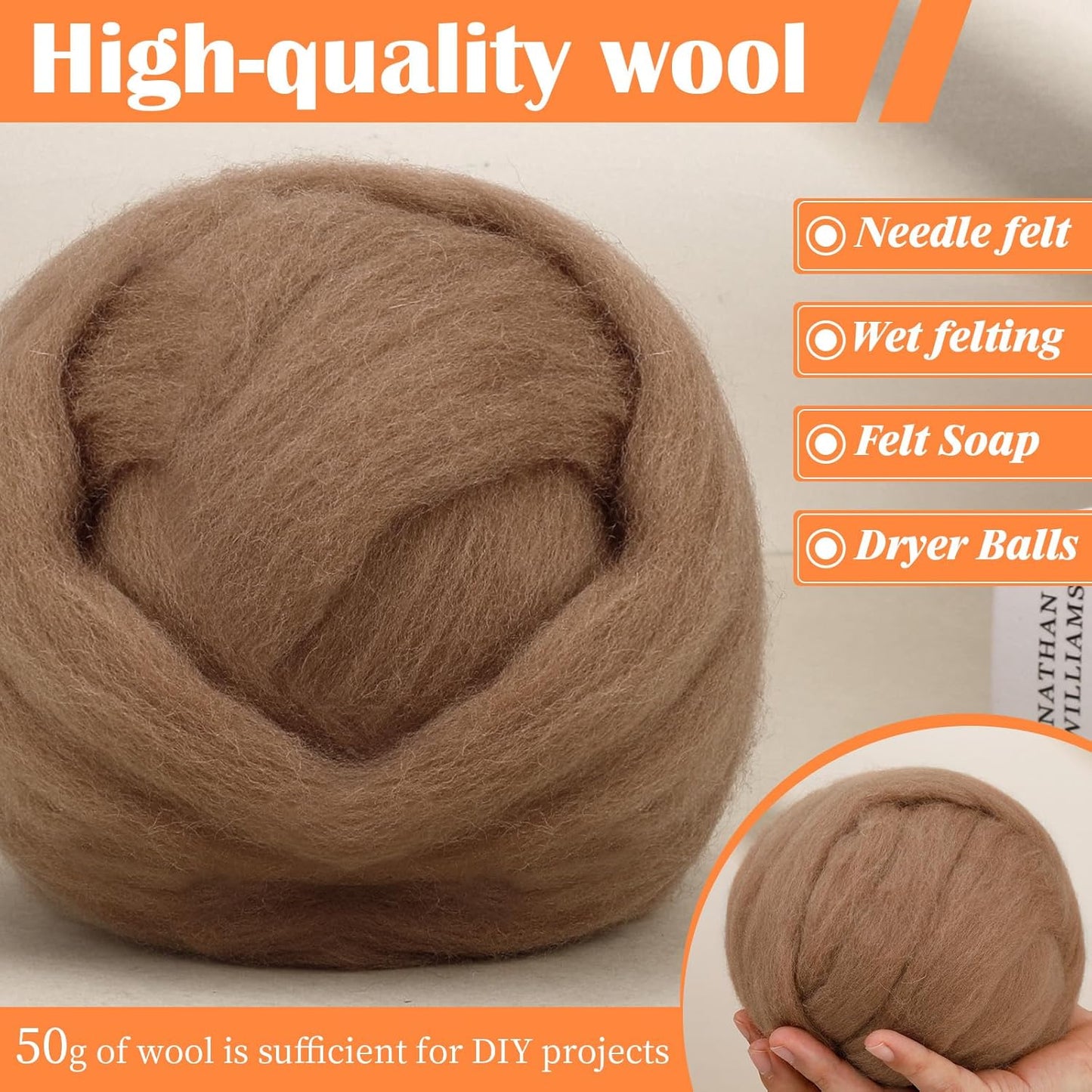 Mayboos Wool Roving Yarn, 1.76oz Colored Natural Wool Roving,Wool Felting Supplies Pure Wool Chunky Yarn for Wet Felting handcrafts and Spinning (Bright Brown Color)