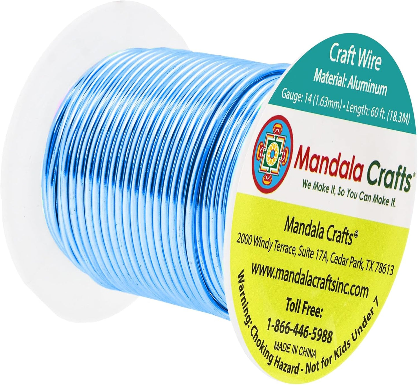 Mandala Crafts 14 Gauge Anodized Aluminum Craft Wire for Jewelry Making - 60 FT Colored Flexible Vivid Sky Blue Wire - Bendable for Bonsai Armature Crafting Sculpting
