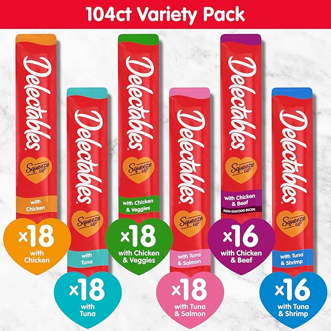 Hartz Delectables Squeeze Up Variety Pack, Creamy Squeezable Puree, Lickable Wet Cat Treats, Grain Free, No Added Fillers, No by-Products, No Added Preservatives, 0.5 Ounces Tube, 104 Tubes Total