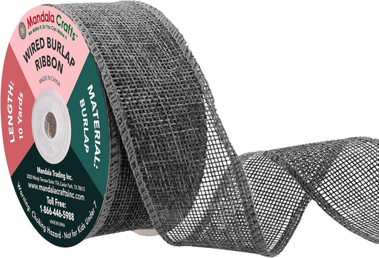 Mandala Crafts Gray Burlap Wired Ribbon 1.5 Inches Wide Jute Ribbons for Crafts - 10 Yds Roll Rustic Burlap Wrap Trim Ribbons for Wreaths Bows Party Decoration