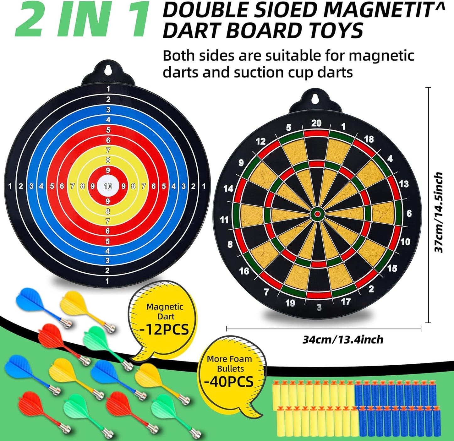 Magnetic Dart Board for Kids-12Magnetic Dart/Sticky Balls Or 2 Toy Gun+40 Foam Dart.Indoor/Outdoor Kids Games and Party Games,Christmas Birthday Gifts Toys for 3-12 Year Old Boys