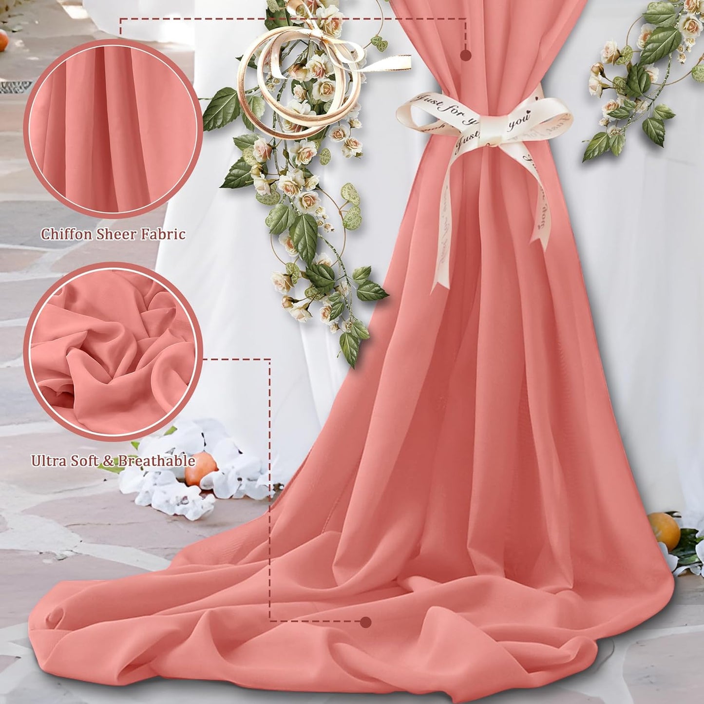 Horbaunal Rose Gold Chiffon Fabric by The Yard, 1 Yard Continuous Sheer Fabric 59" Wide Soft Draping Fabric for Wedding Arch Draping Party Backdrop DIY Sewing