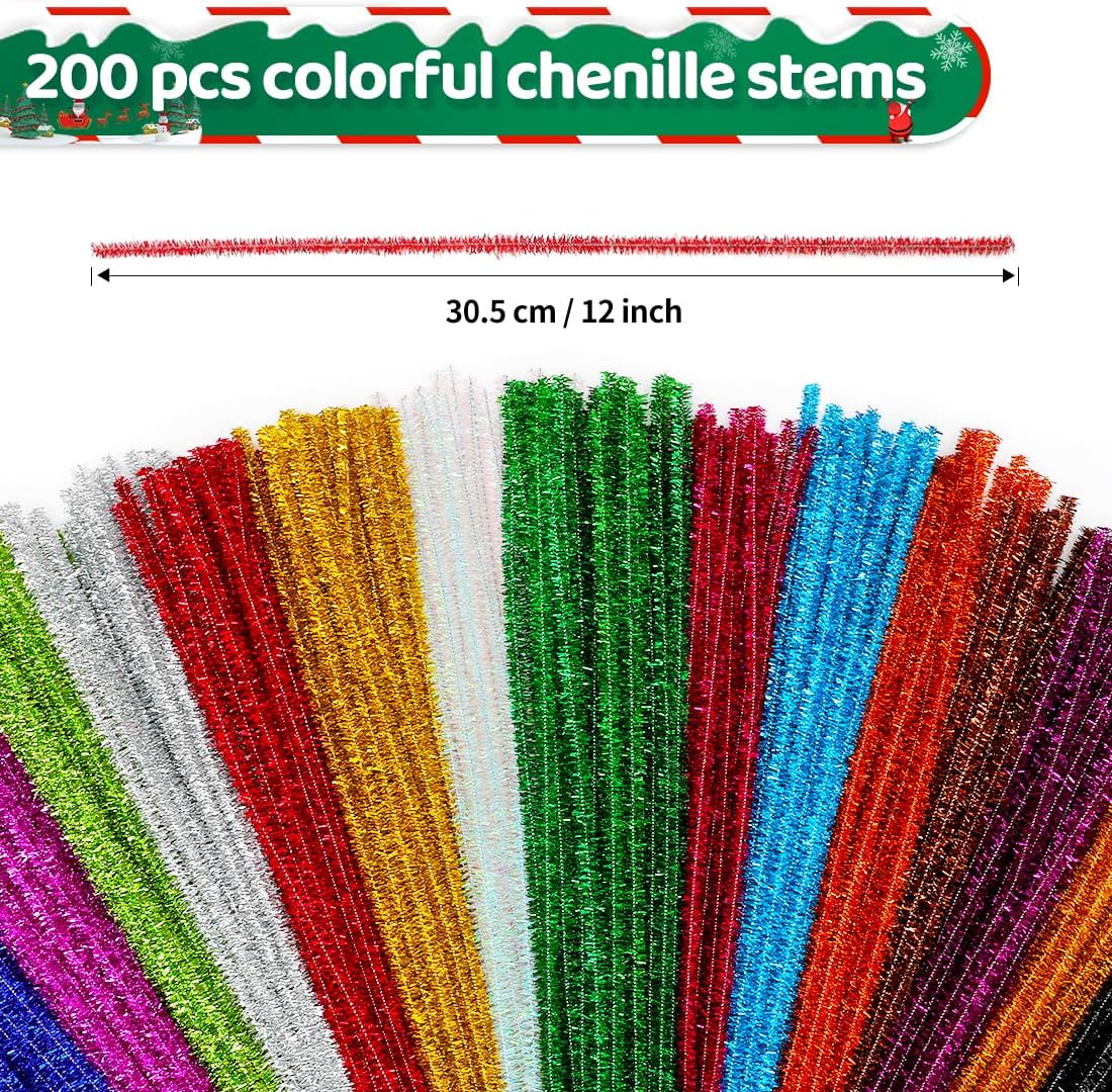 Eppingwin 200pcs Pipe Cleaners, Multi-Colored Pipe Cleaners Craft Supplies,15 Colors Chenille Stems for DIY Arts Crafts Project(Glitter Color)