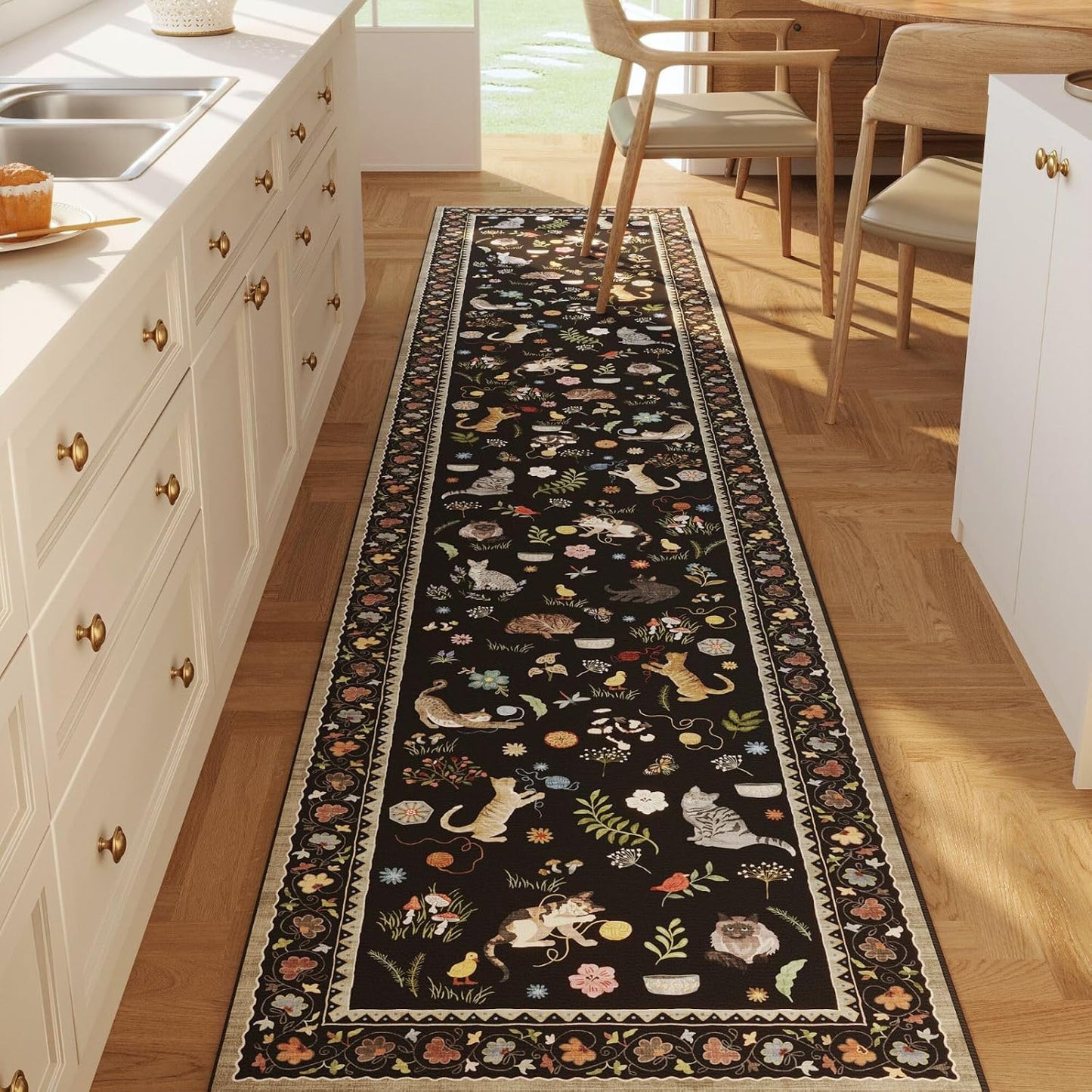 Rugcomf Runners for Kitchen Runner Rug Non Slip 2'x10' Long Washable Rugs with Rubber Backing Soft Floral Animal Cat Carpet Runner for Kitchen Laundry Bedroom Bathroom, Black